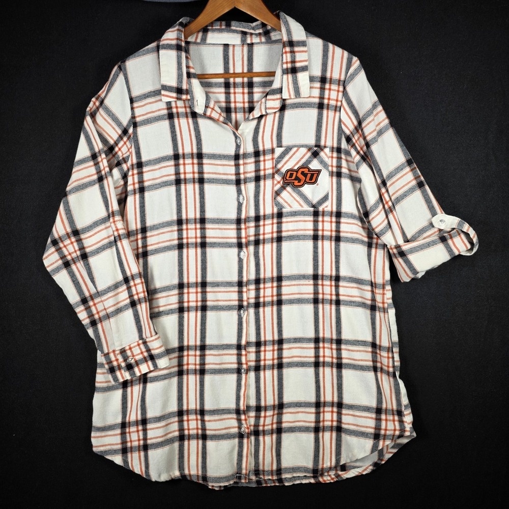 Liv OSU Oklahoma State Cowboys Womens Flannel Shirt Orange Plaid Roll Tab L